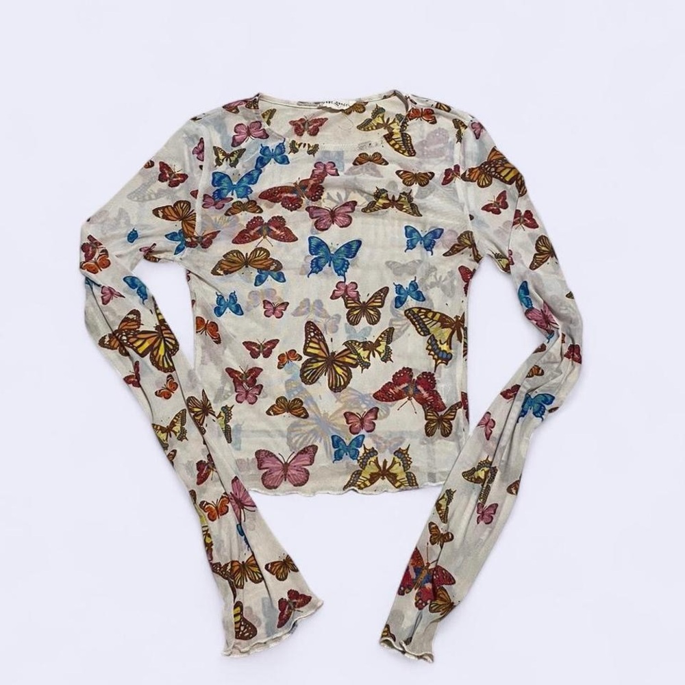 Bear Dance Butterfly Print Mesh Long Sleeve Top
